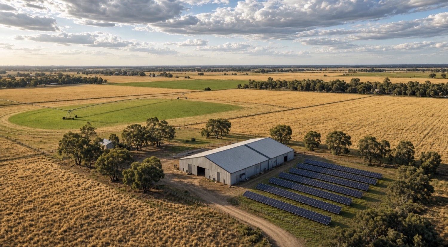 Ground-mount solar rows in the paddock beside a regional Victorian shed
