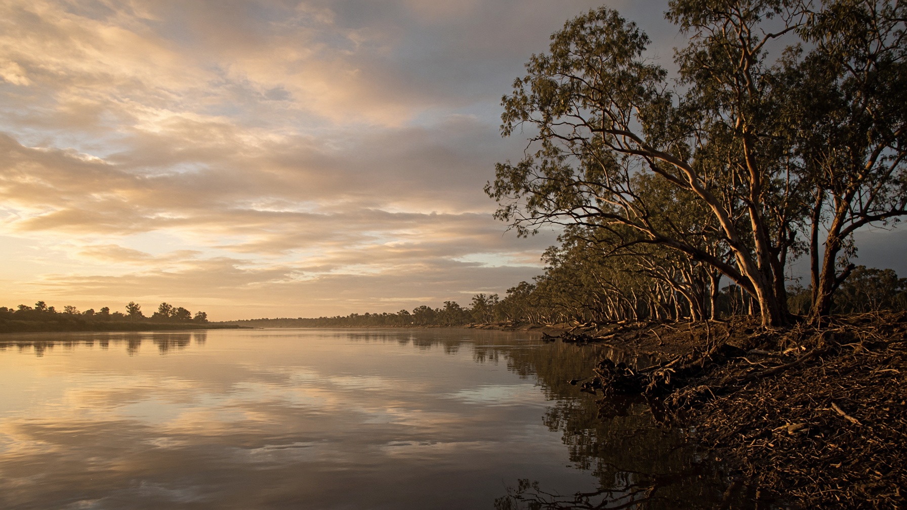 Murray River at golden hour near Echuca, river red gums on the bank
